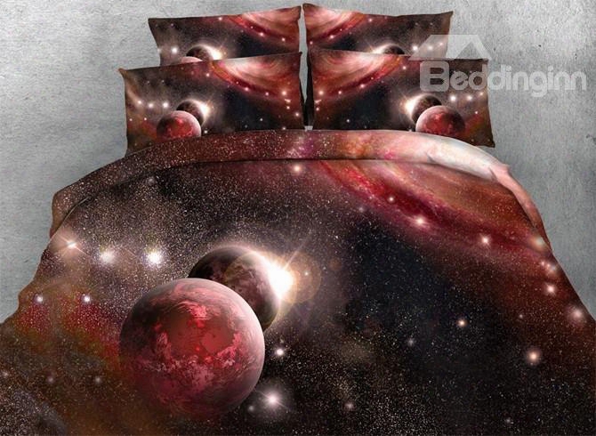 3d Red Galaxy And Planet Printed 5-piece Comforter Sets