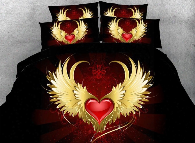 3d Red Heart With Wings Printed Cotton 4-piece Black Bedding Sets/duvet Covers