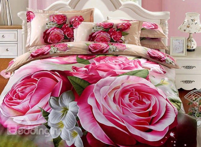 3d Red Peony Printed Cotton Full Size 4-piece Bedding Sets /duvet Covers