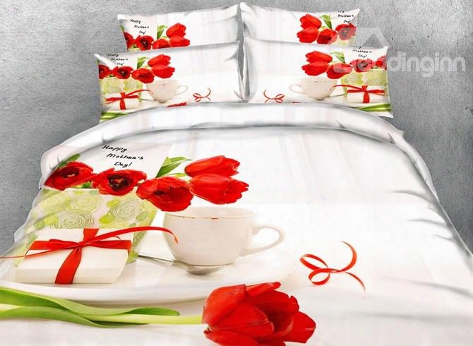 3d Red Tulips Printed 4-piece White Bedding Sets/duvet Coveers