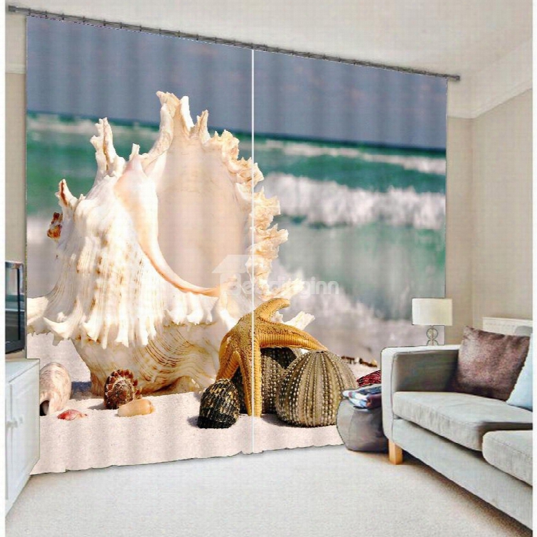 3d Seaside Starfish Printed Thick Polyester Wonderful Scenery Custom Curtain