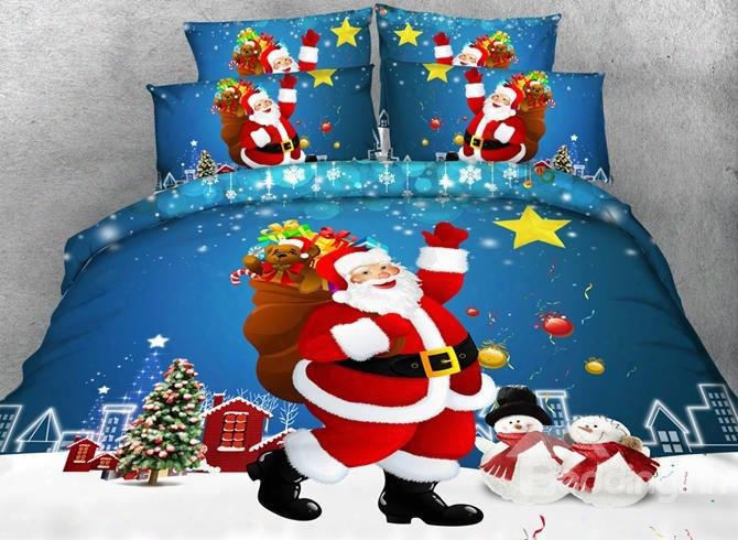 3d Smiling Santa Claus And Snowman Printed Cotton 4-piece Bedding Sets/duvet Covers