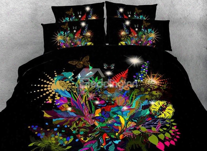3d Stunning Floral And Butterfly Printed Cotton 4-piece Blackb Edding Sets/duvet Covers