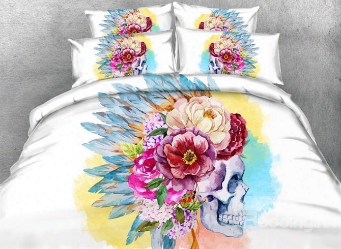 3d Tribaal Skul L With Flowers Printed Cotton 4-piece White Bedding Sets