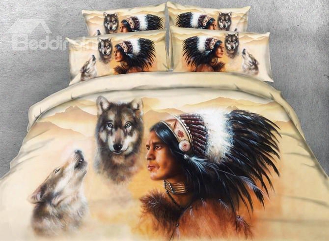 3d Wolf And American Indian Chief Print 5-piece Comforter Sets