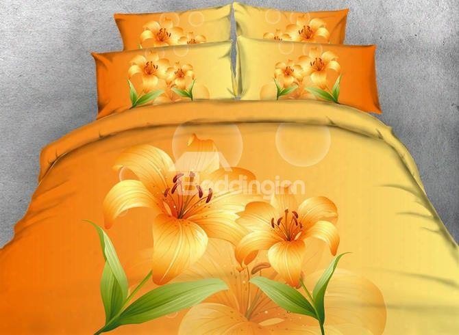 3d Yellow Lilies And Bubbles Printed Cotton 4-piece Bedding Sets/duvet Covers