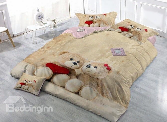 Adorable Bear Doll Print Satin Drill 4-piece Duvet Cover Sets