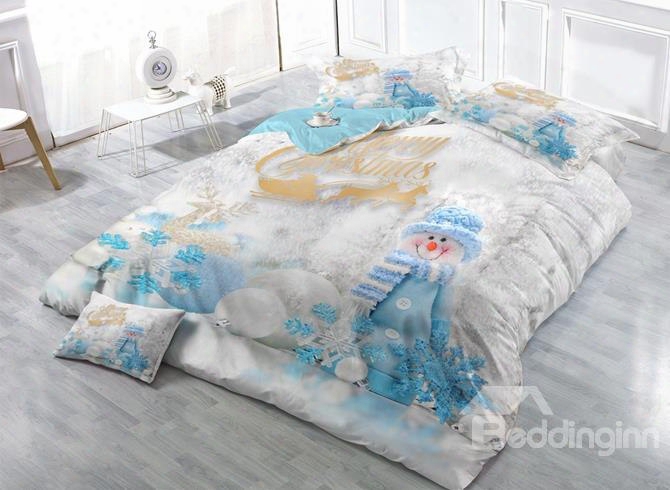 Adorable Snowman Print Satin Drill 4-piece Duvet Cover Sets