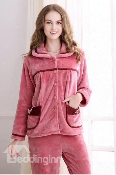 Beautiful And Lovely Deep Pink Pattern With Cute Bow Pocket High Warm Pajamas