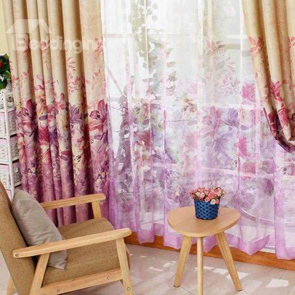 Beautiful Lily Printing Pink Shading Cloth & Sheer Curtain Sets