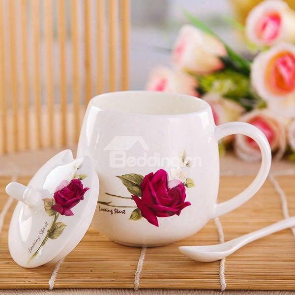 Beautiful One Red Rose Pot-belly Ceramic Coffee Mug With Lid