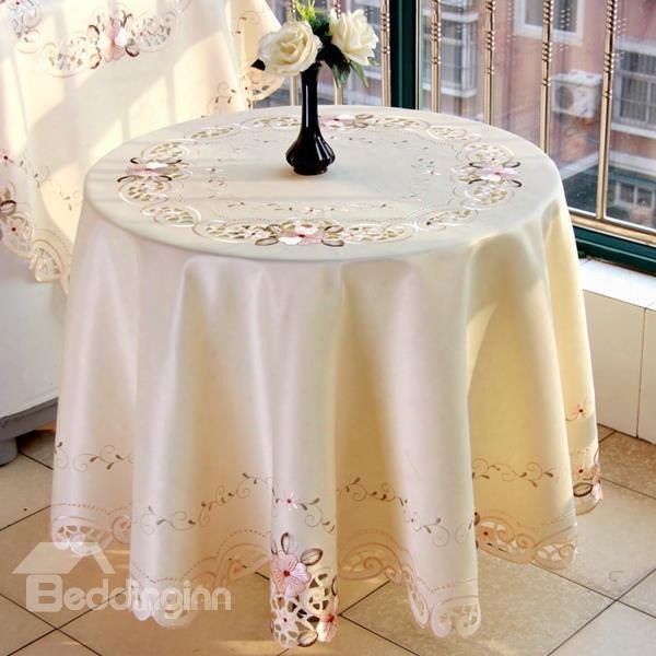 Beige Round Polyester Embroidery Flower Lace Pattern Home Decorative Table Runner