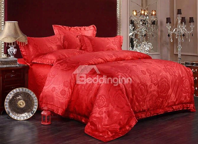 Bright Red Romantic Big Roses Jacquard 4-piece Bamboo Fabric Bedding Set