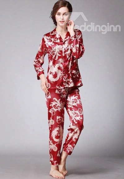 Bright Red With Dragon Pattern Craft Comfortable And Fashional Pajamas