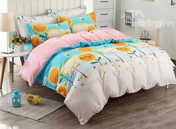 Bright Sunflower Pattern Kids Cotton 4-piece Duvet Cover Sets