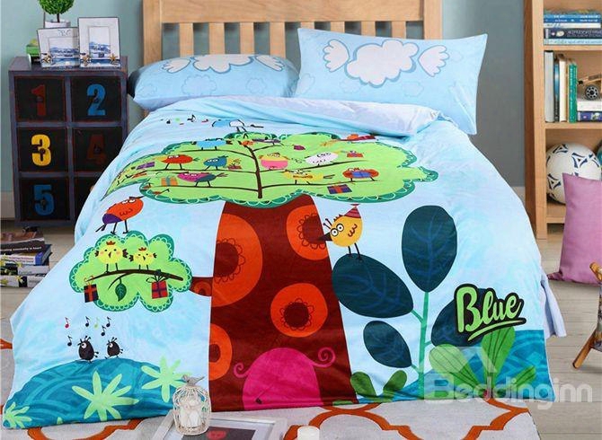 Cartoon Birds Family Pattern Kids Polyester 4-piece Duvet Cover Sets