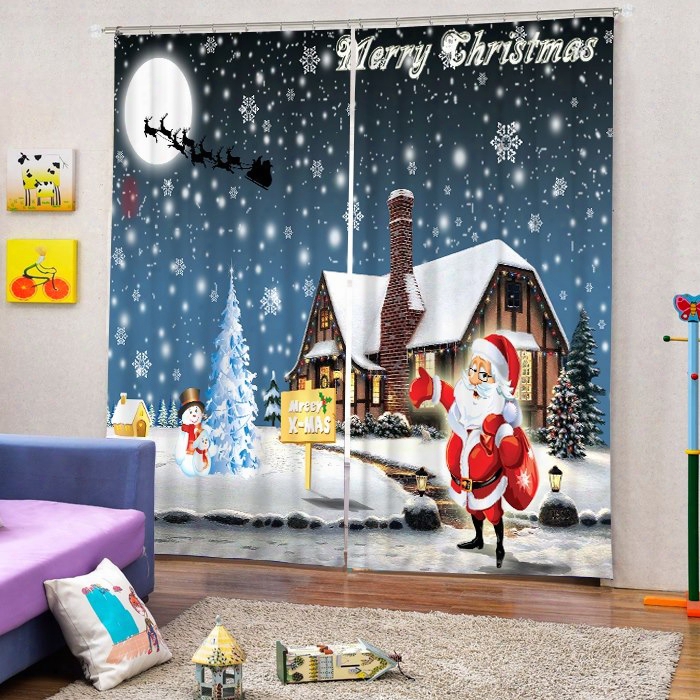 Cartoo Ncute Santa Making Christmas Deliveries Printing Christmas Theme 3d Curtain