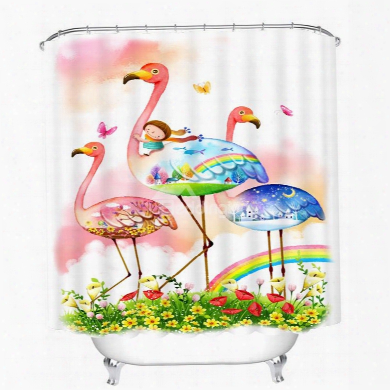 Cartoon Girl Riding Flamingo Printing Bathroom 3d Shower Curtain
