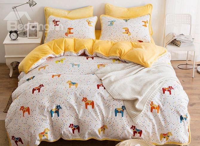 Cartoon Horse Printed Cotton 4-piece Duvet Cover/bedding Sets