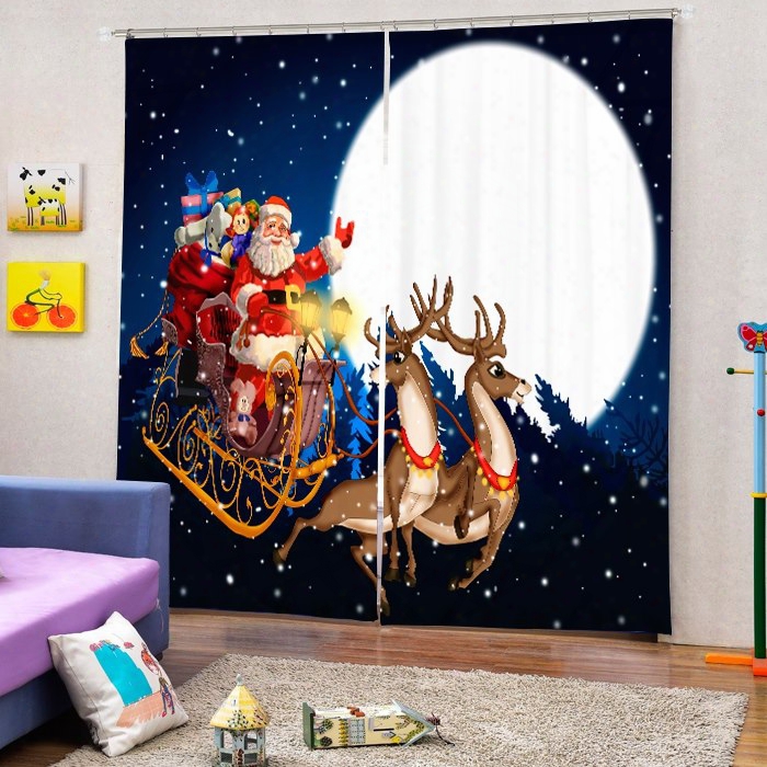 Cartoon Santa Riding Reindeer At Moon Printing Christmas Theme 3d Curtain