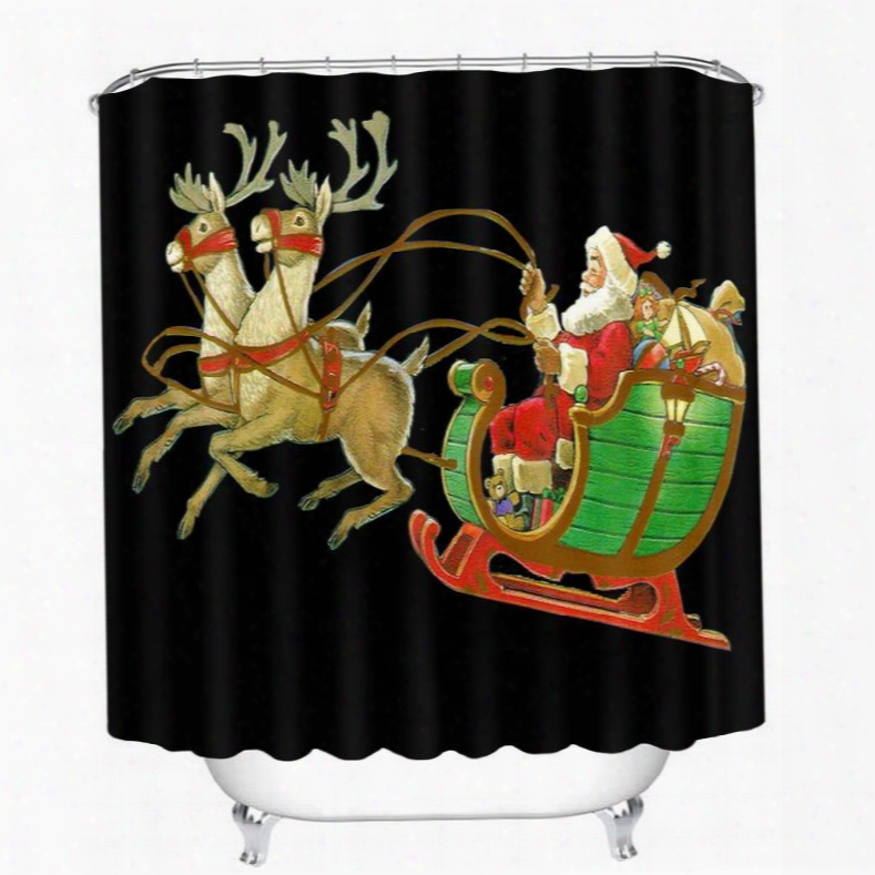 Cartoon Santa Riding Reindeer Printing Christmas Theme Bathroom 3d Black Shower Curtain