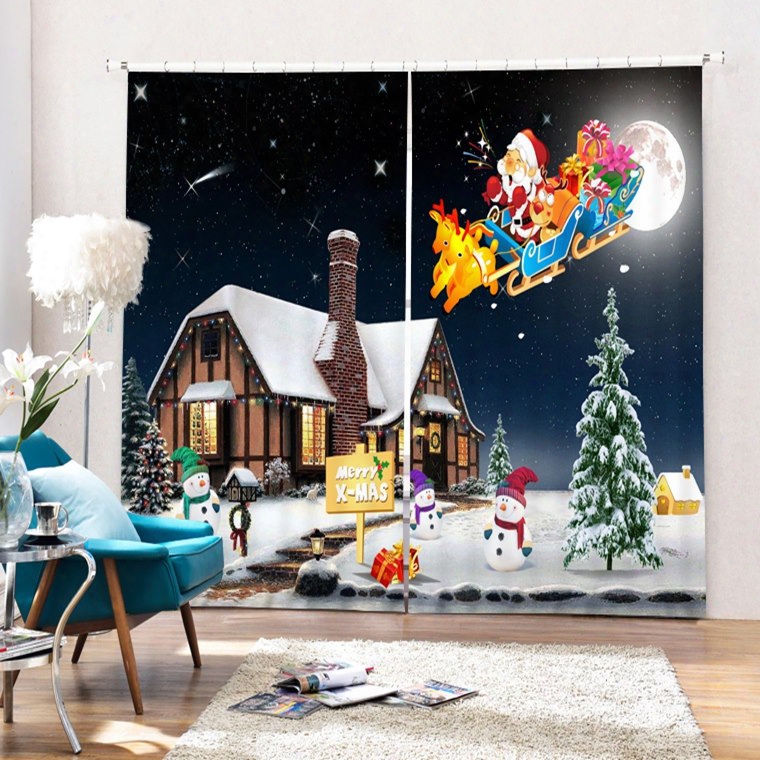 Cartoon Santa Riding Reindeer Towardd Cabin Printing Christmas Theme 3d Curtain