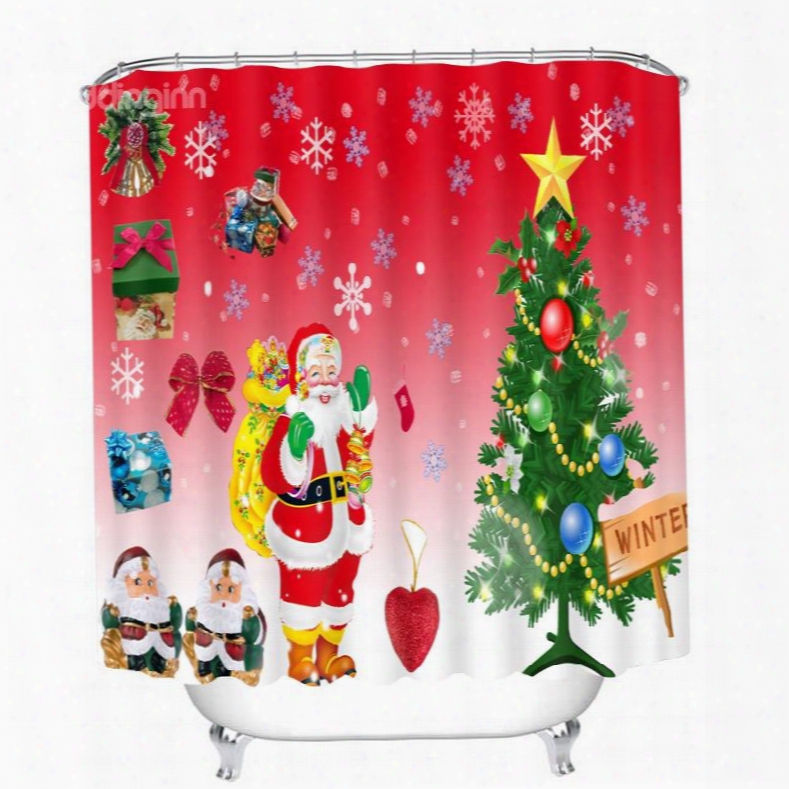 Cartoon Santa Standing Near Christmas Tree Wave Printing Bathroom 3d Shower Curtain