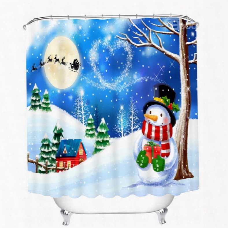 Cartoon Snowman Under The Tree Printing Christmas Theme Bathroom 3d Shower Curtain