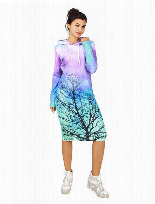 Charming Long Sleeve Tree Pattern 3d Painted Hoodie Dress