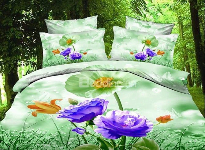 Charming Purple And Peony And Poppy Print 4-piece Duvet Cover Sets