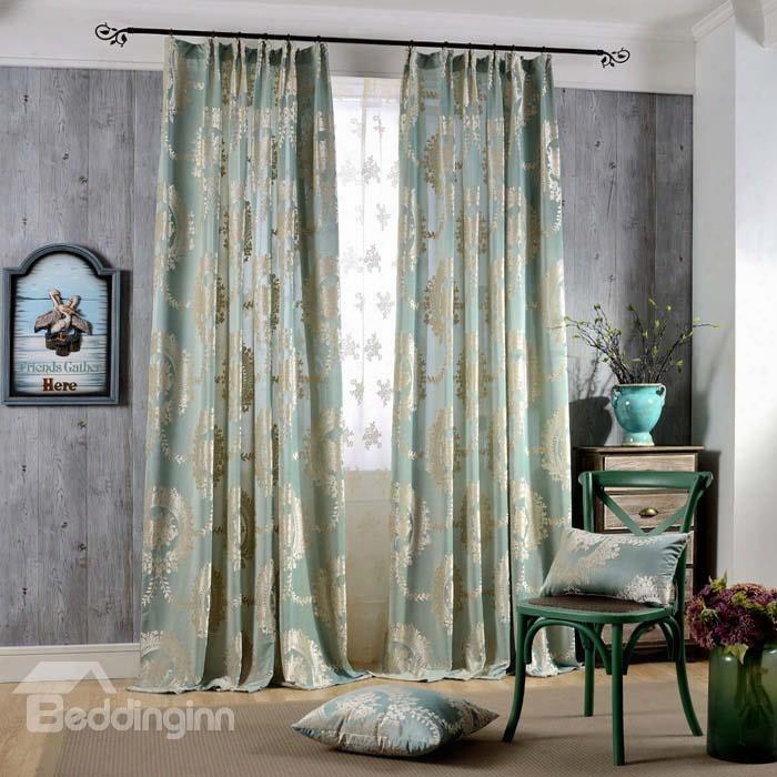 Classical Light Blue Jacquard Floral Double Pinch Pleat Curtain