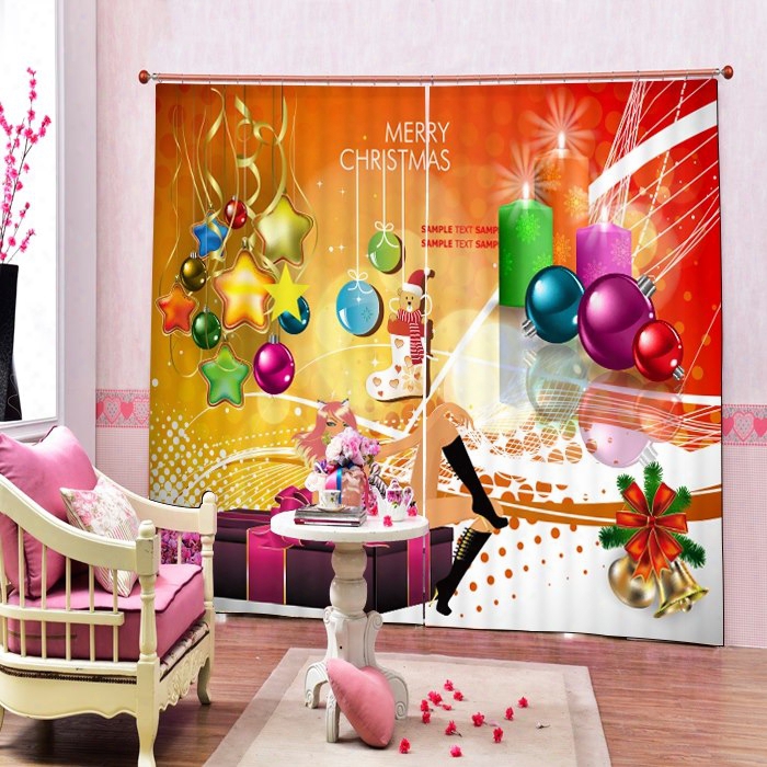 Colored Christmas Balls And Stars Printing Christmas Theme 3d Curtain