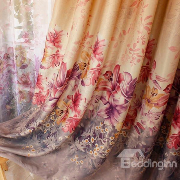 Colored Lily Printing Shading Cloth & Sheer Curtain Sets