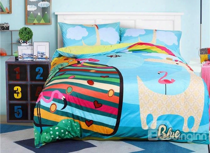 Colorful Rainbow Deer Pattern Kids Polyester 4-piece Duvet Cover Sets