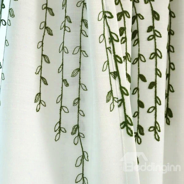 Country Style Green Willow Twig Embroider Custom Grommet Top Curtain