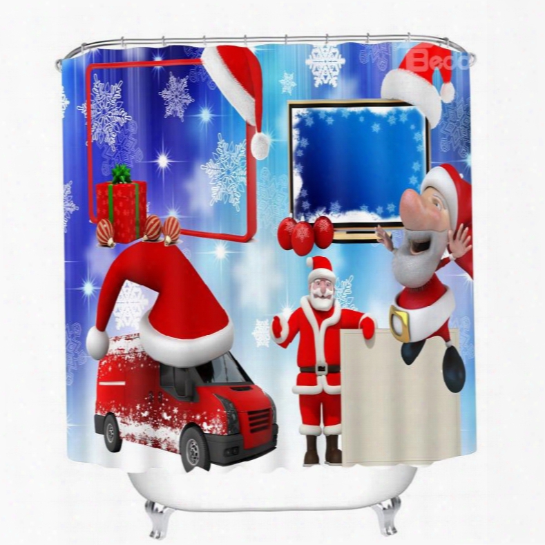 Cute Cartoon Santa And Red Car Printing Printing Christmas Theme Bathroom 3d Shower Curtain