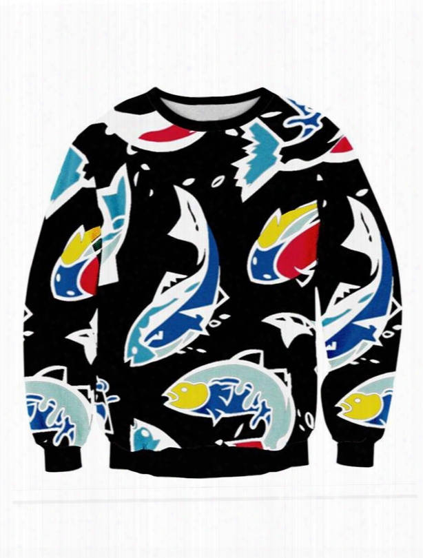 Cute Long Sleeve Fish Pattern 3d Painted Hoodie