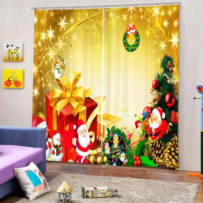 Cute Santa With Presents Printing Christmas Theme 3d Curtain