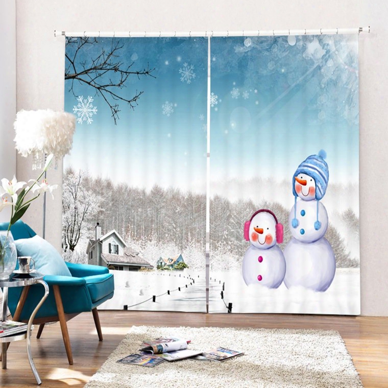 Cute Snowmen In Winter Printing Christmas Theme 3d Curtain