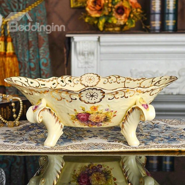 Decorative Ceramic 4 Feet Fruit Compote Painted Pottery