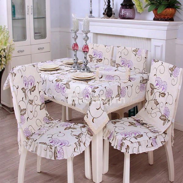 Delicate Polyester Embroidery Purple Flower Dining Room Decoration Tablecloth