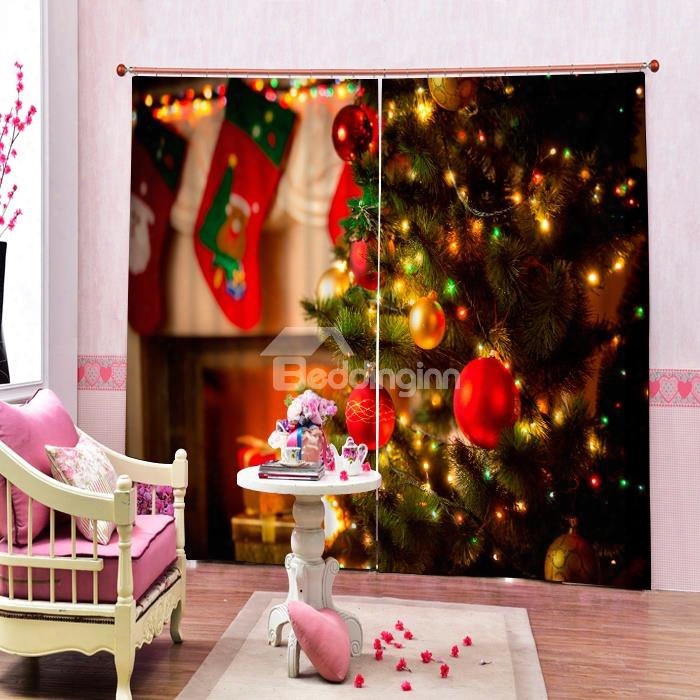 Dreamy Christmas Tree With Light On Printing Christmas Theme 3d Curtain