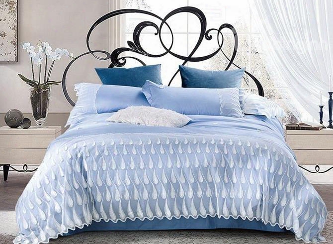 Dreamy Featther Embroidery Blue Long-staple Cotton 4-piece Duvet Cover Sets