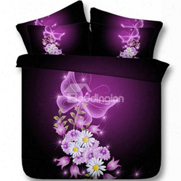 Dreamy Purple Butterfly And Daisy Print 3d Fitted Sheet