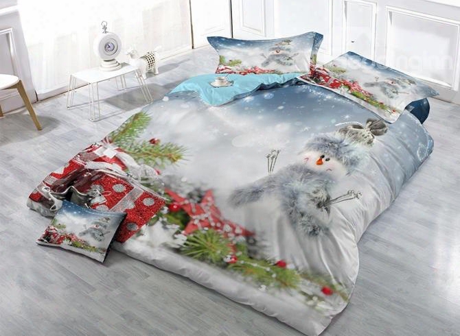 Dreamy Snowman And Christmas Gift Print Satin Drill 4-piece Duvet Cover Sets
