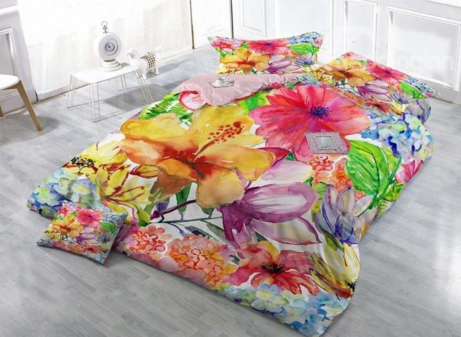Excellent Watercolor Flower Print Satin Drill 4-piece Duvet Cover Sets