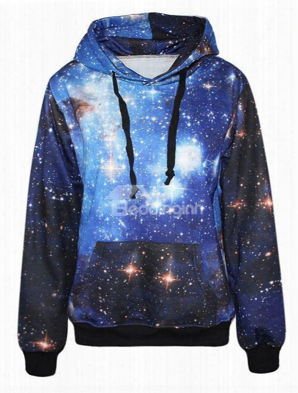 Fabulous Long Sleeve Blue Galaxy Patte Rn Pocket 3d Painted Hoodie