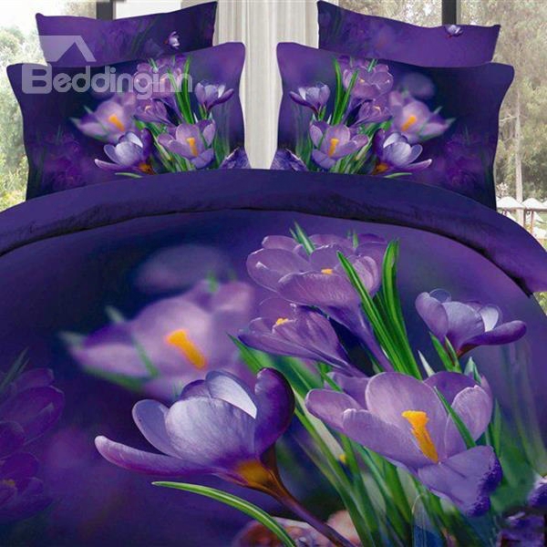 Fancy Dark Purple Flowers And Green Leaves Print Pillow Case