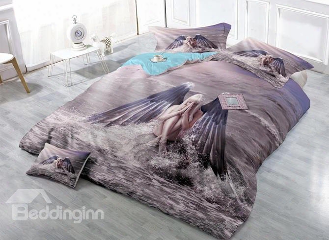 Fantasy Girl With Angel Wings Print Satin Drill 4-piece Duvet Cover Sets