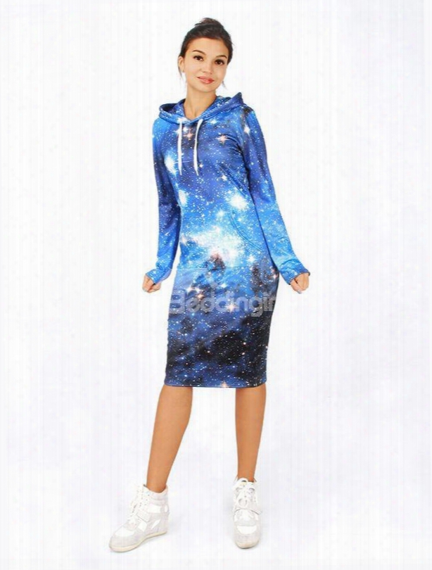 Fashion Long Sleeve Blue Galaxy Pattern 3d Painted Hoodie Dress